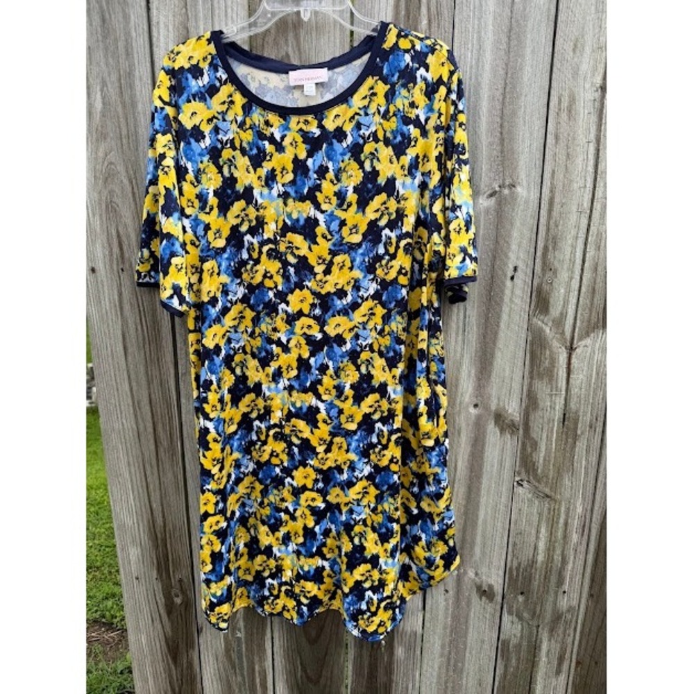 Floral Painterly Summer Stan Herman T-Shirt Dress Large Yellow Blue Casual Mod